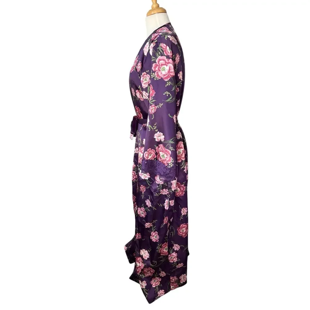 Amoureuse Peignoir Purple Floral Robe Belted Lace Liquid Satin Lounge Medium